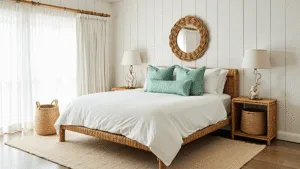 "Coastal bedroom with rattan bed, seafoam pillows, driftwood mirror, and seagrass baskets"