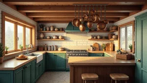 "Cozy cabin kitchen with natural wood, stone backsplash, copper cookware, and warm sunlight streaming through windows during golden hour"
