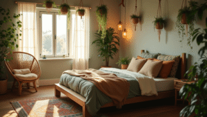 "Bohemian style bedroom with sage green and cream linens, hanging plants, vintage Persian rug, and warm ambient lighting during golden hour"