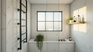 "Luxurious small bathroom with walk-in marble shower, black fixtures, and natural light"