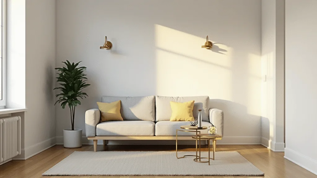 "Minimalist 400 sq ft studio apartment interior with white walls, oak flooring, gray sofa bed, brass sconces, round coffee tables, and a monstera plant lit by golden hour light."