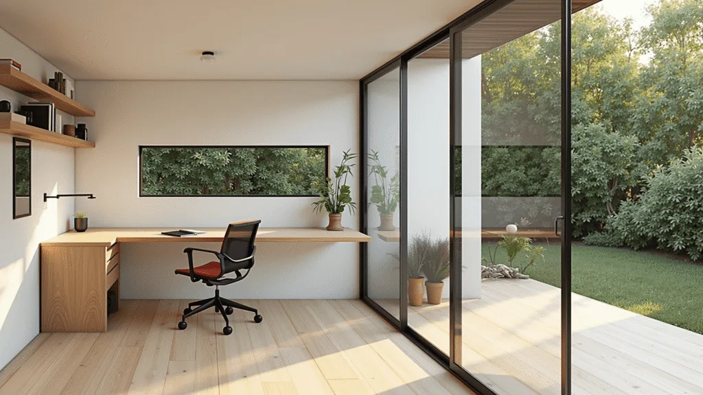 "Modern backyard studio with floor-to-ceiling windows, white oak furniture, minimalist design and garden view"
