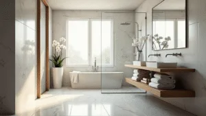 "Modern luxury bathroom with white marble tiles, oak vanity, and natural light"