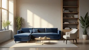 "Sunlit modern living room with navy blue velvet sofa, cream chairs, brass accents and minimalist decor"