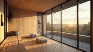 "Modern Nordic sauna interior with cedar benches, glass walls, stone heater, eucalyptus bundle, and golden hour lighting"
