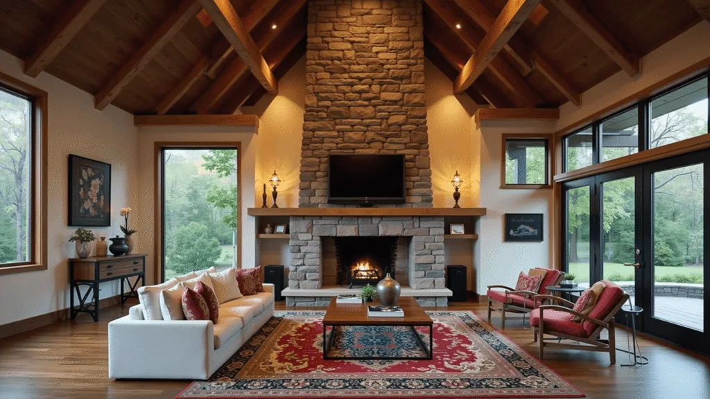 "Modern rustic barn interior with vaulted ceiling, exposed beams, stone fireplace, warm lighting, and vintage Persian rugs on hardwood floors"