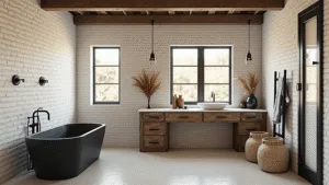 "Rustic modern design of a luxurious barndominium bathroom with black iron tub, reclaimed wood vanity, marble top, matte black fixtures, and golden hour light filtering through windows"