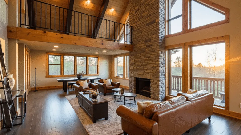 "Cozy modern rustic cabin interior with loft, showcasing warm wood textures, leather sectional, high ceiling with exposed beams, stone fireplace, natural light from windows and hygge elements during golden hour"