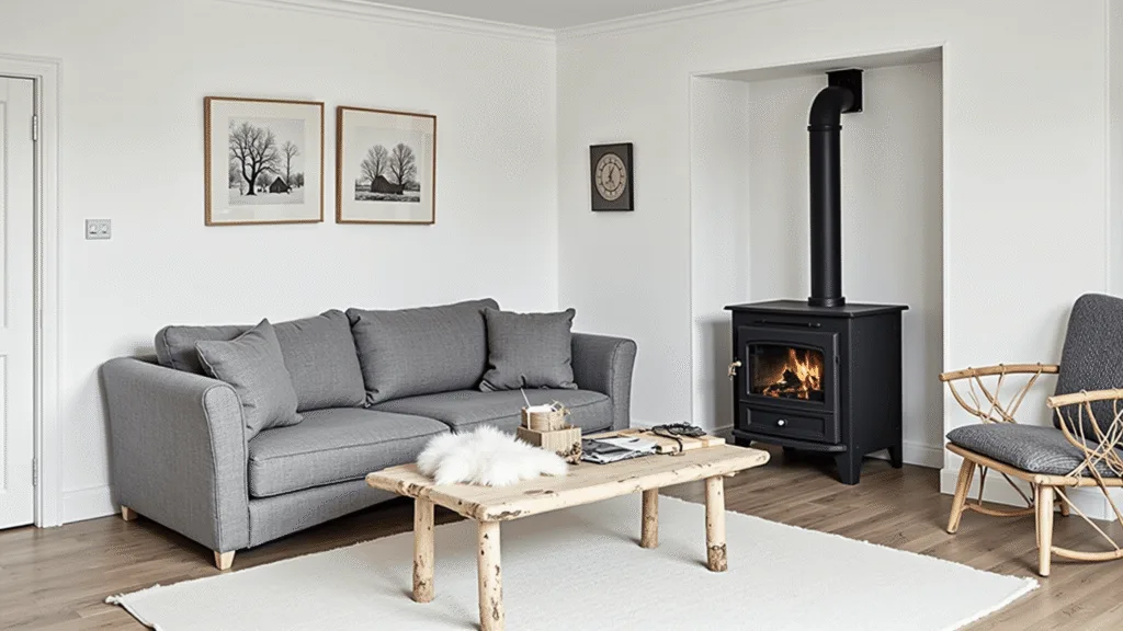"Nordic cabin interior featuring white walls, grey linen sofa, black wood stove, birch furniture, sheepskin throws, with morning light highlighting the minimal styling on a clean background"