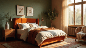 "Sage green bedroom with terracotta velvet bed, oak nightstands, Persian rug, and potted fiddle leaf fig in golden hour sunlight."