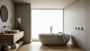 "Serene minimalist spa bathroom with stone tub, teak vanity, and bamboo flooring bathed in soft morning light"