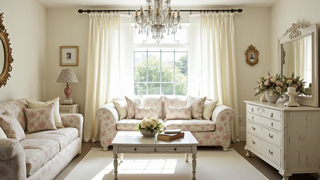 "Shabby chic interior with distressed white furniture, pastel floral patterns, crystal chandelier, and natural light"