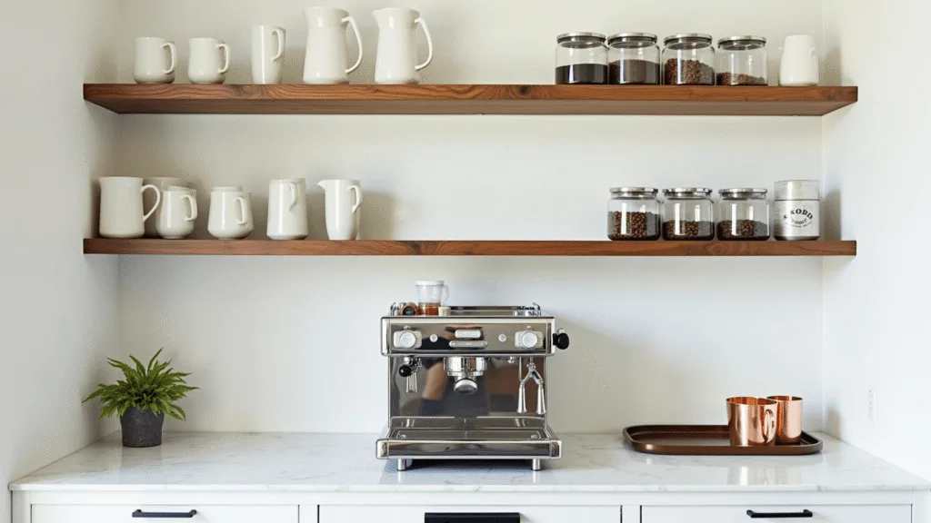 "Stylish home coffee bar with espresso machine, white mugs, glass canisters on wooden shelves and white marble counter under natural lighting"