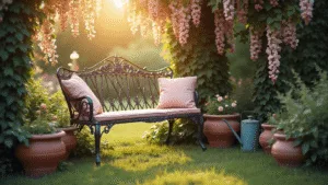"Vintage garden with worn wrought-iron bench, climbing roses, wisteria, and antique watering can illuminated by golden light"