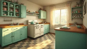 "1950s vintage kitchen with mint green cabinets, jadeite bowls, sunlit morning light filtering through lace curtains"