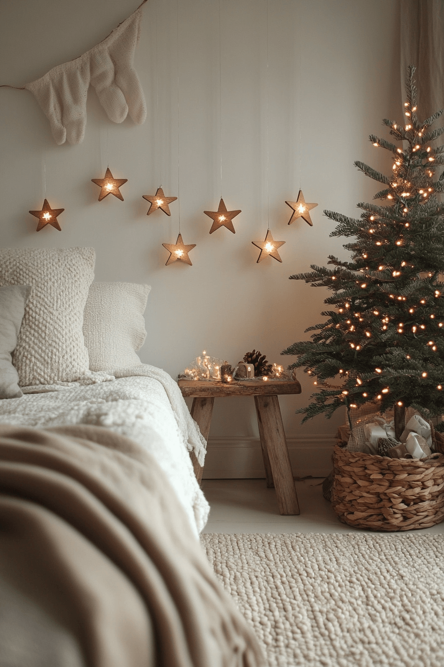 29 Minimalist Christmas Decor Ideas That Blend Simplicity and Holiday Joy 12 Soft Starry Candle Glow