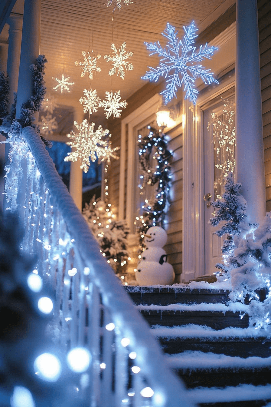 29 Front Porch Christmas Decor Styles to Create a Warm Winter Greeting 13 Glistening Snowflake Porch Glow