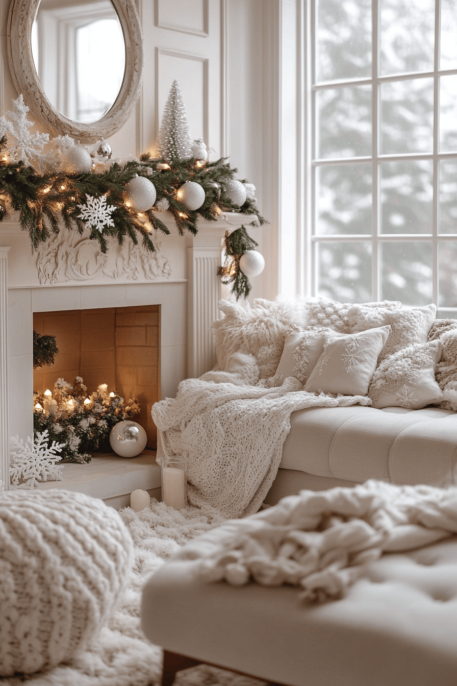 29 Christmas Mantel Decor Ideas That Turn Your Fireplace Into a Holiday Showpiece 13 Snowy Silver Radiance