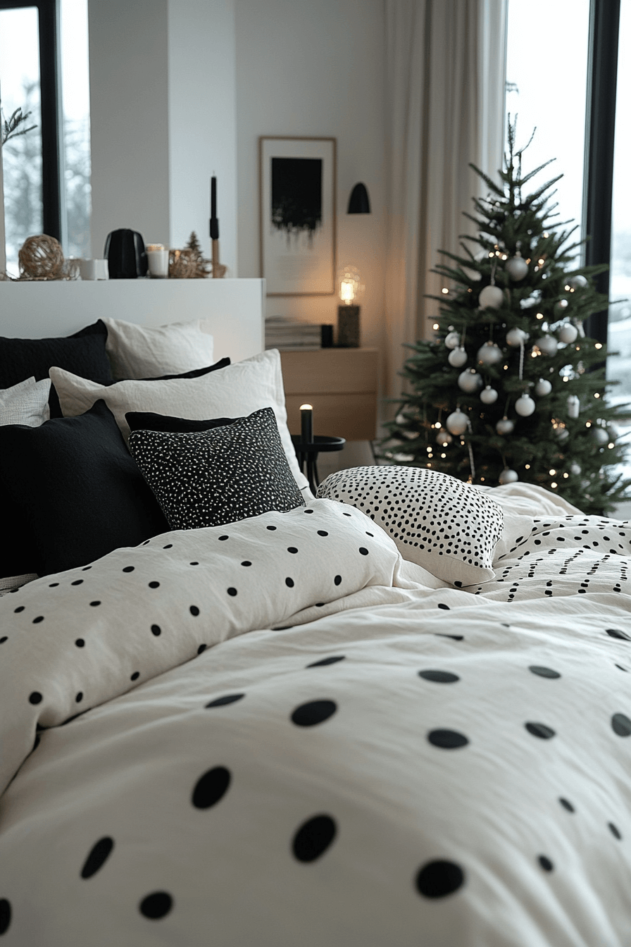 29 Christmas Bedroom Ideas for a Peaceful and Merry Holiday Haven 15 Monochrome Chic Holiday Haven