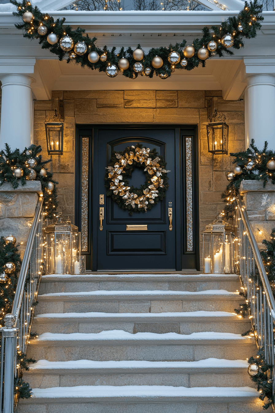 29 Front Porch Christmas Decor Styles to Create a Warm Winter Greeting 16 Champagne Sparkle Porch Glamour