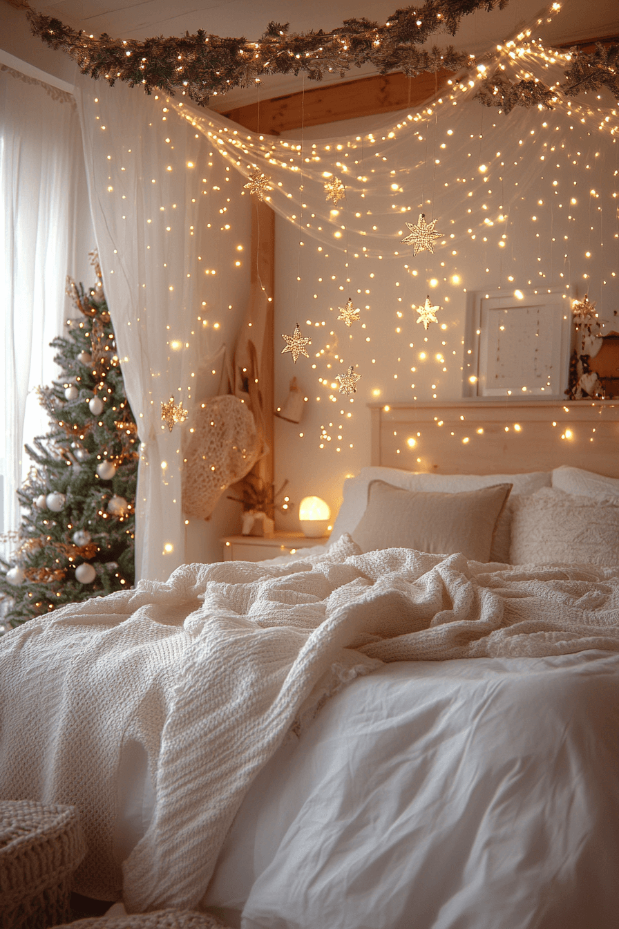 29 Christmas Bedroom Ideas for a Peaceful and Merry Holiday Haven 17 Golden Lights Bedroom Glow