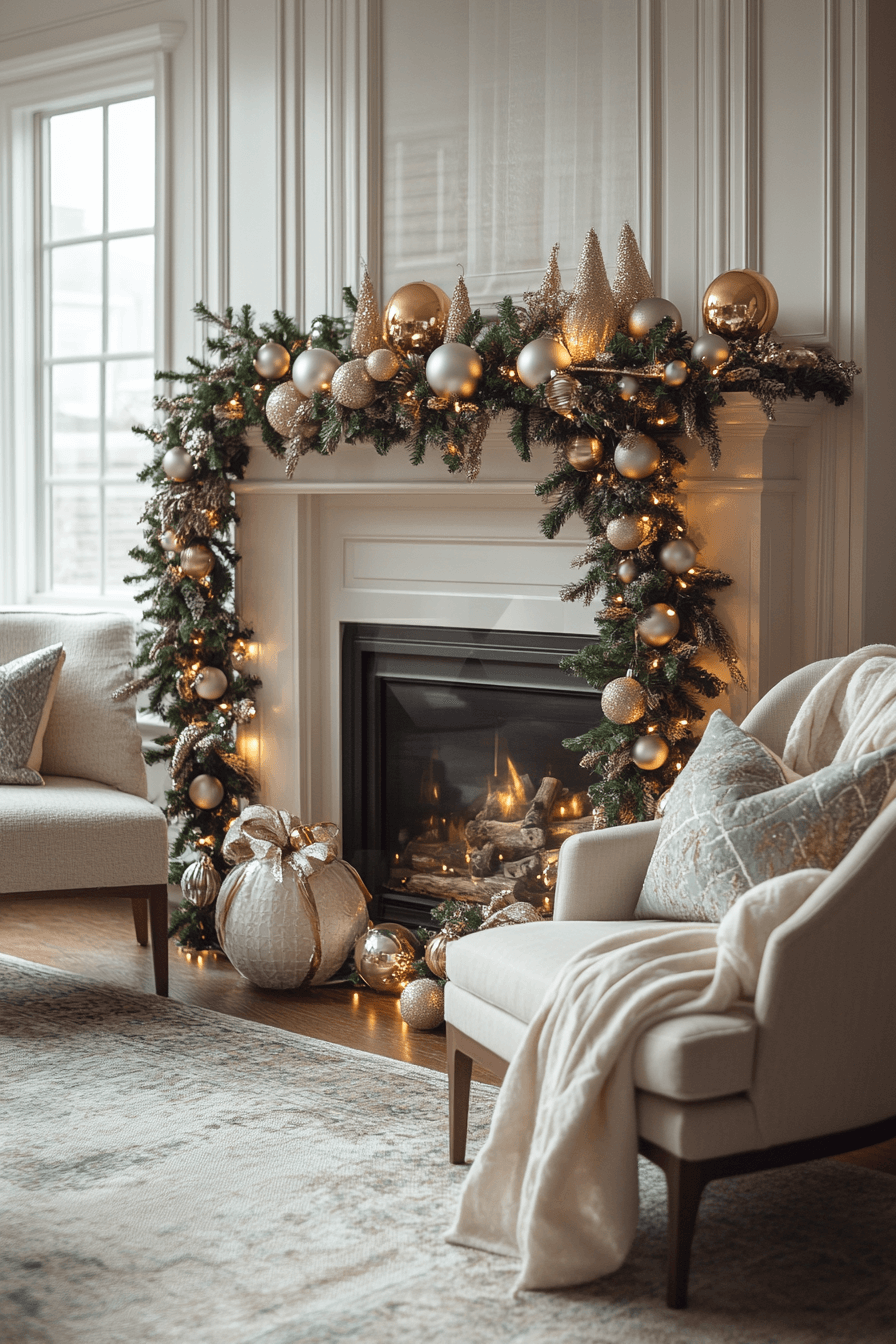 29 Christmas Mantel Decor Ideas That Turn Your Fireplace Into a Holiday Showpiece 17 Modern Metallic Harmony