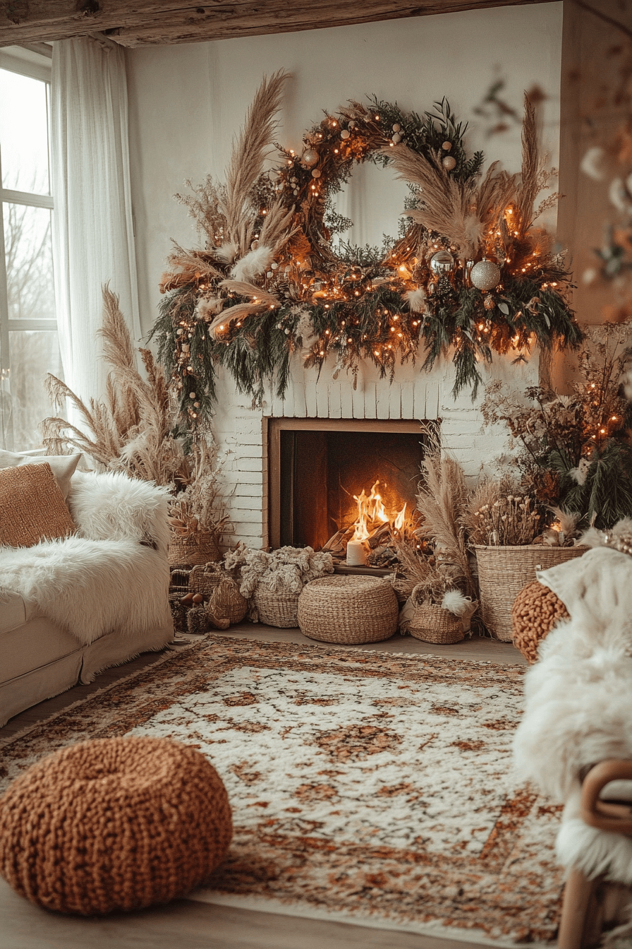 29 Christmas Mantel Decor Ideas That Turn Your Fireplace Into a Holiday Showpiece 19 Bohemian Holiday Glow
