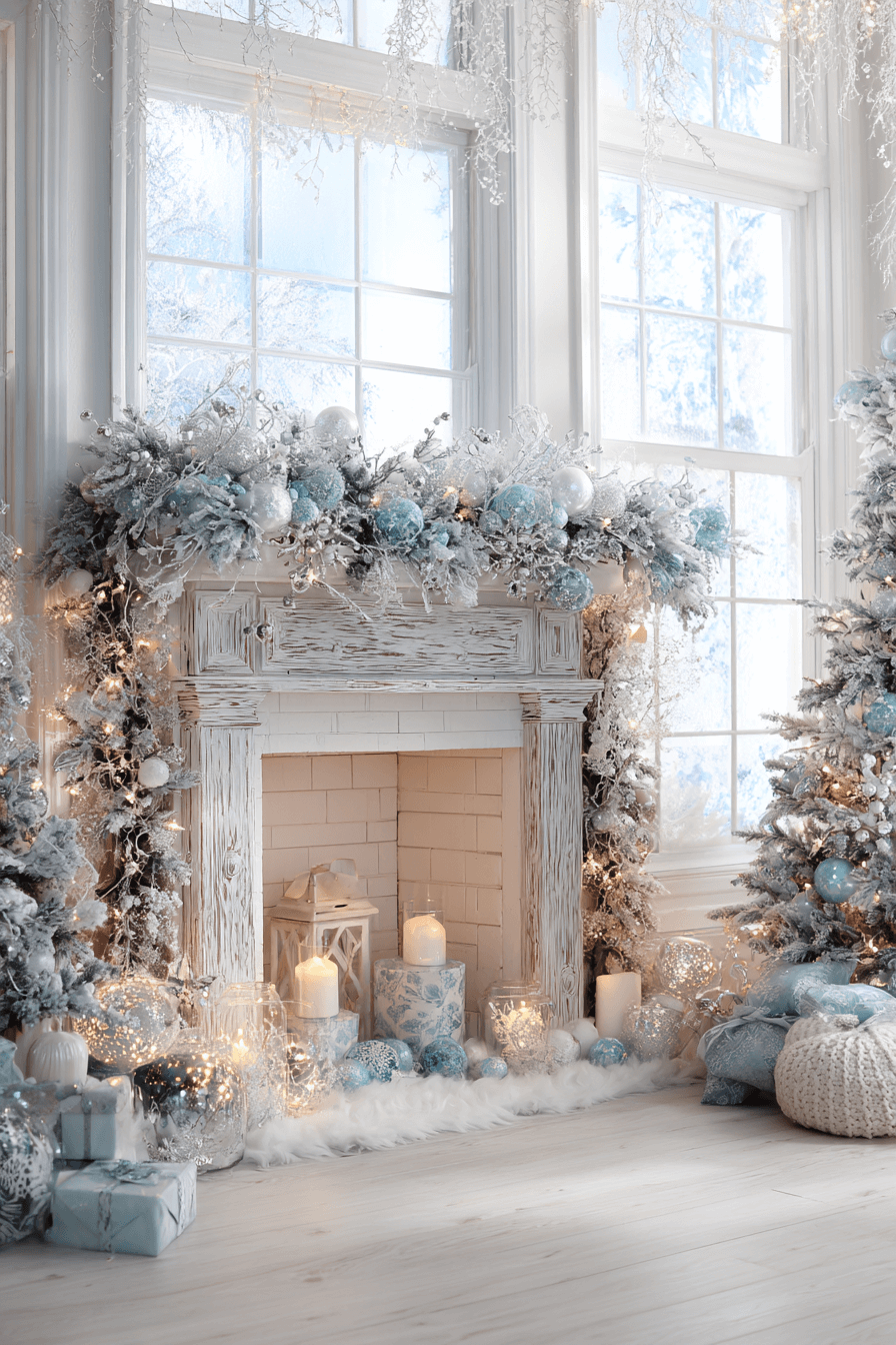 29 Christmas Mantel Decor Ideas That Turn Your Fireplace Into a Holiday Showpiece 2 Frosted Winter Hearth