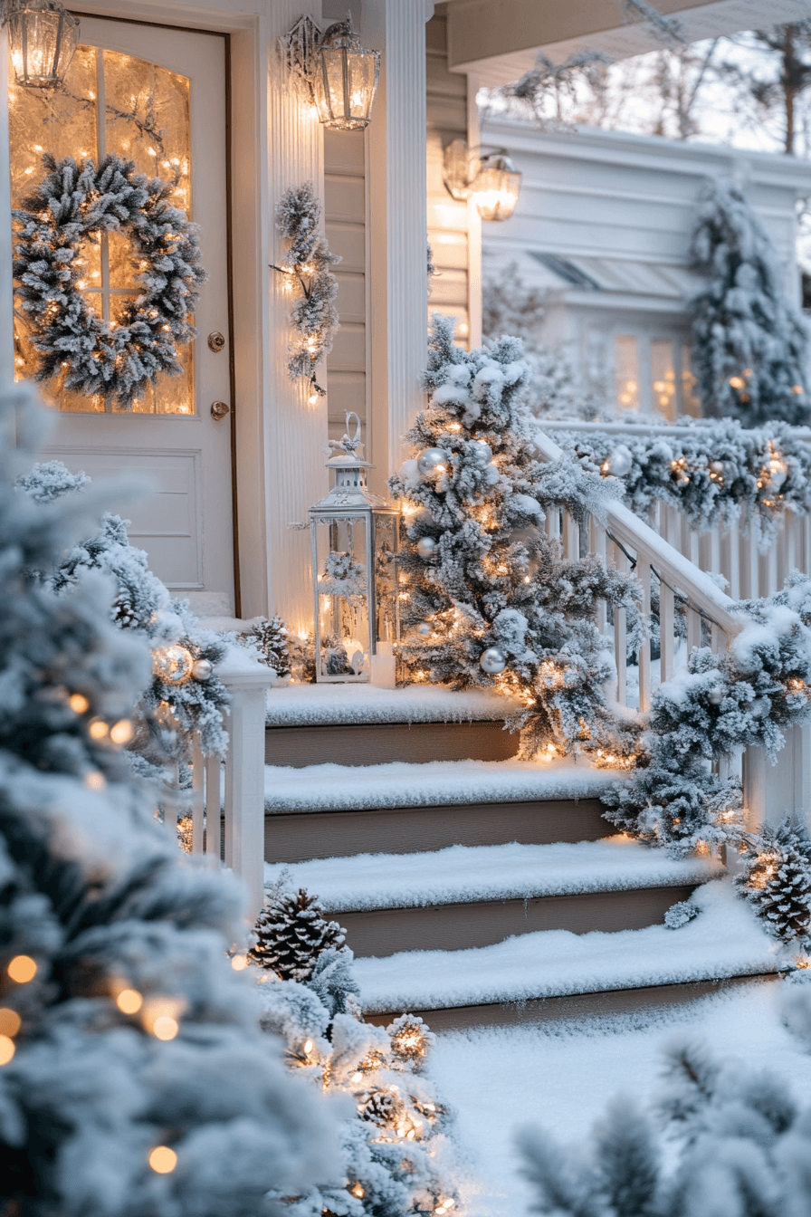 29 Front Porch Christmas Decor Styles to Create a Warm Winter Greeting 22 Moonlit Silver Winter Entry