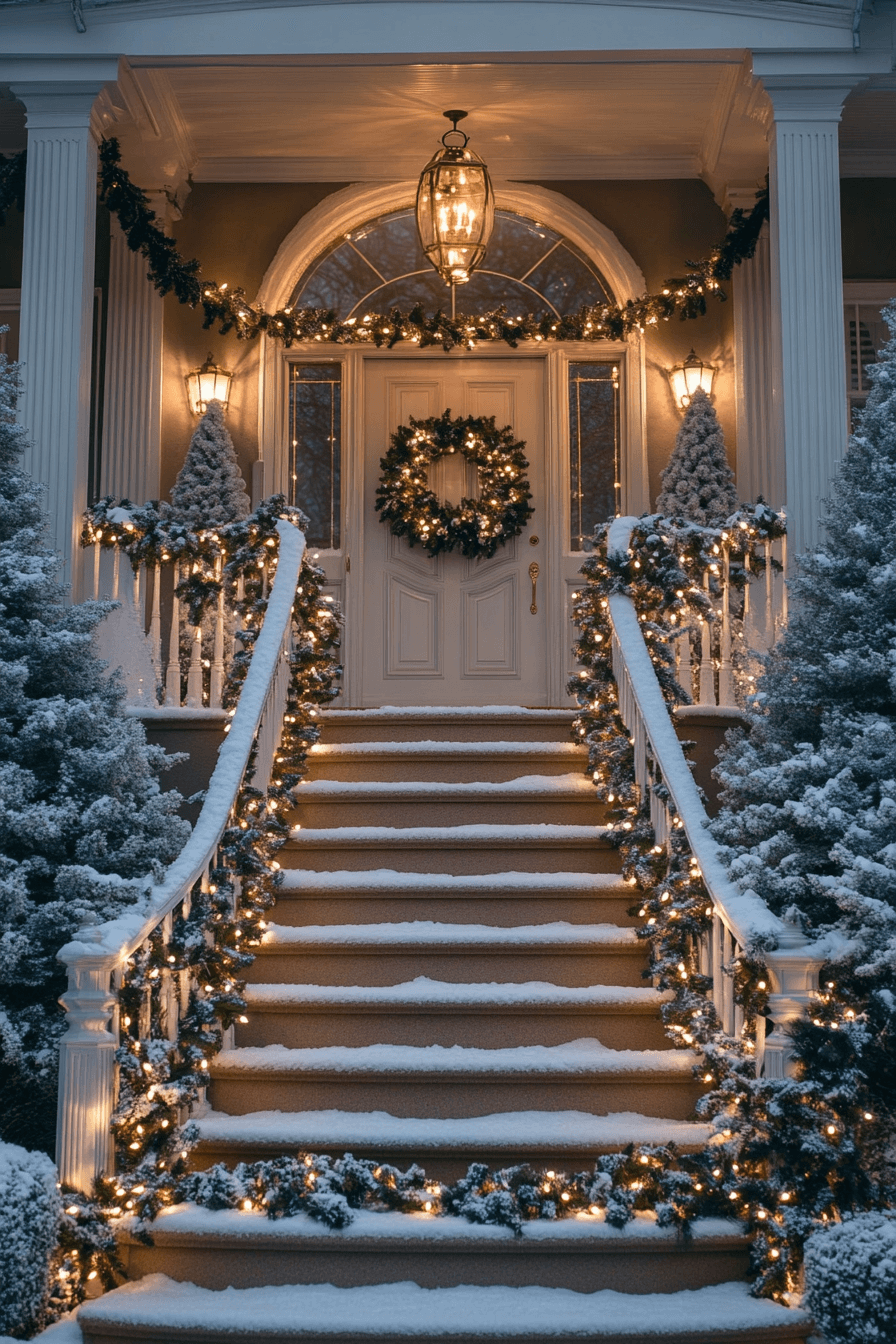 29 Front Porch Christmas Decor Styles to Create a Warm Winter Greeting 25 Stair Garland Winter Enchantment