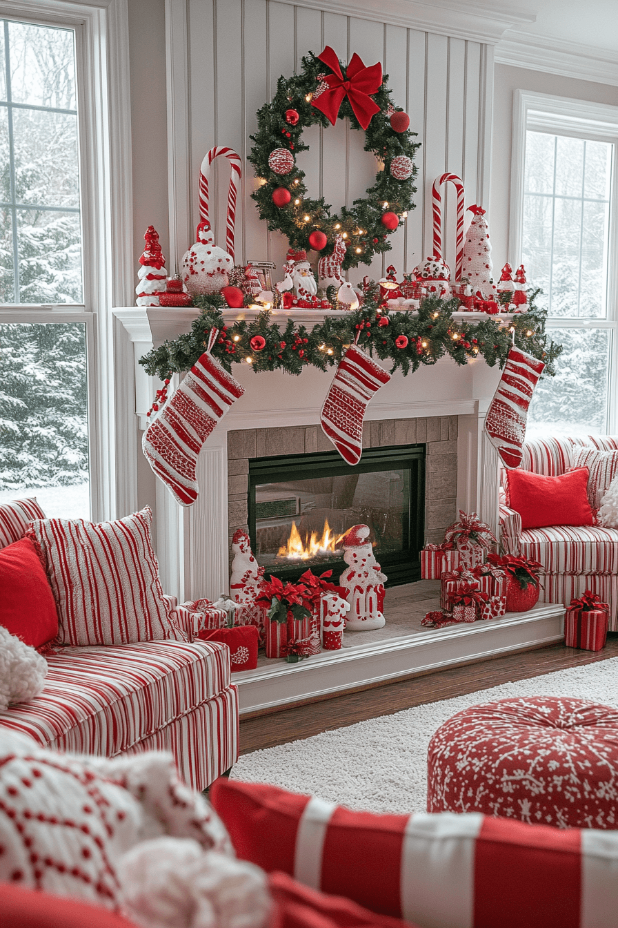 29 Christmas Mantel Decor Ideas That Turn Your Fireplace Into a Holiday Showpiece 26 Candy Cane Hearth Joy