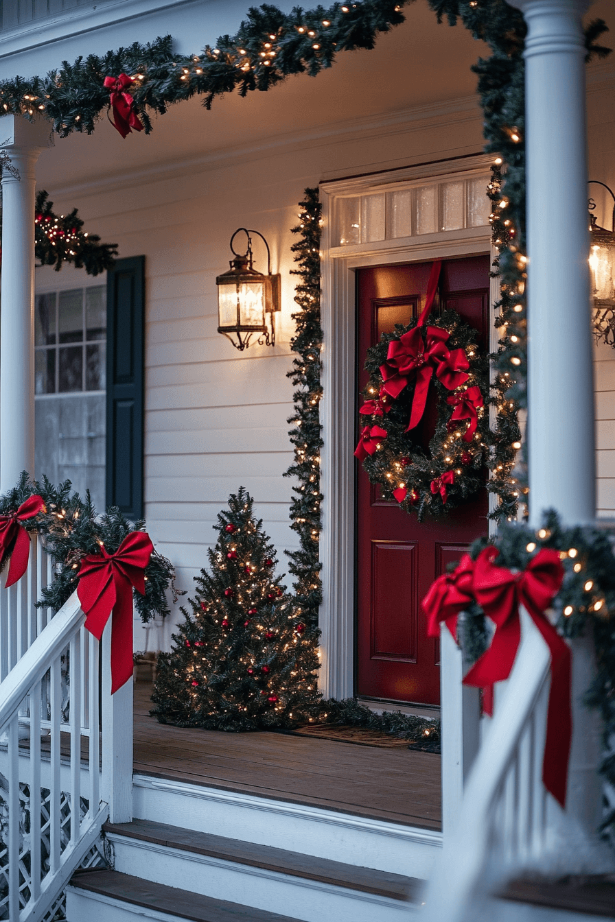 29 Front Porch Christmas Decor Styles to Create a Warm Winter Greeting 28 Ribbon Tied Doorway Splendor