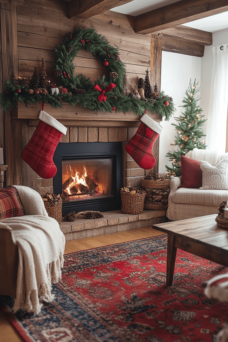 29 Christmas Mantel Decor Ideas That Turn Your Fireplace Into a Holiday Showpiece 5 Cozy Cabin Hearth Charm