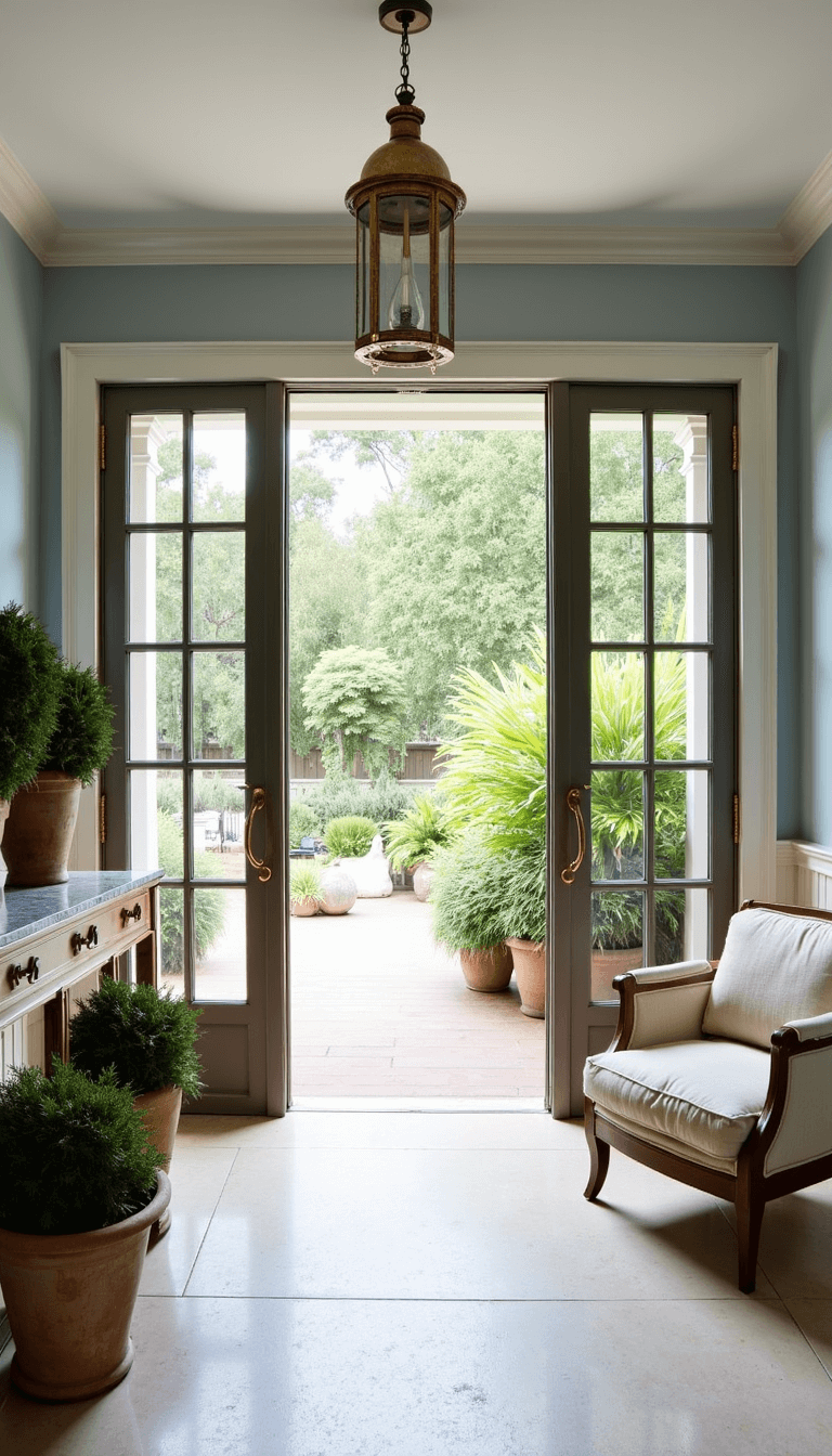 Inviting garden room with limestone floors, bronze-framed French doors, a pair of linen bergere chairs next to an antique marble console, topiaries in terra cotta pots, and a lantern-style ceiling fixture casting dappled light on blue-gray walls with white trim.