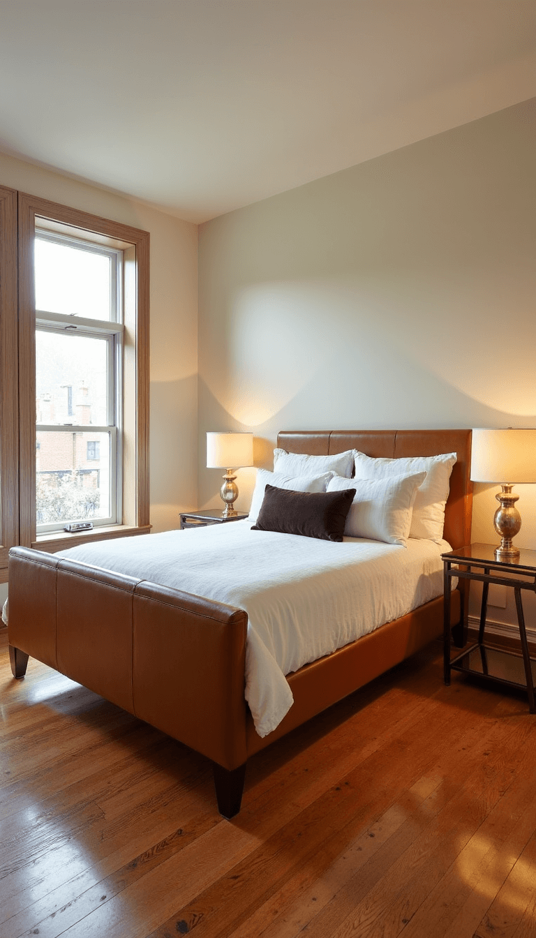 Modern Heirloom Suite with natural light, camel leather-wrapped bed frame, ivory linens, chocolate accents, brass étagère nightstands and milk glass lamps.