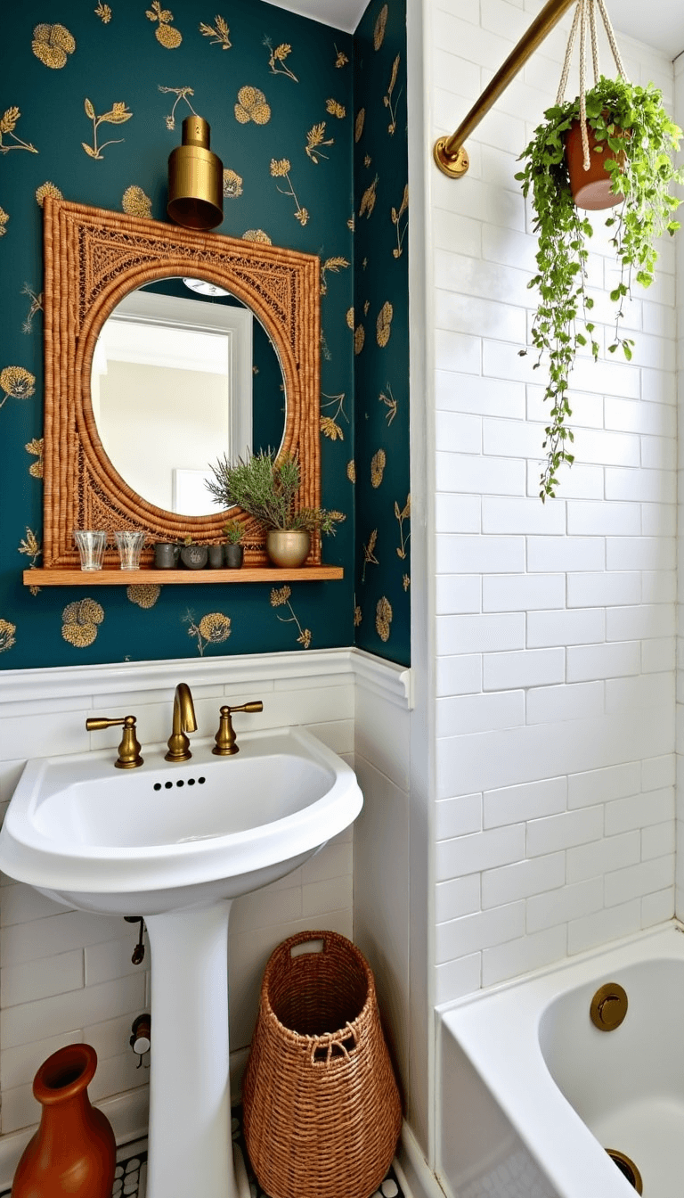 Overhead view of a small, bohemian-inspired bathroom featuring teal wallpaper with gold botanical prints, rattan mirror and shelf, brass fixtures, white subway tile shower, macramé plant hanger with ivy, and terra cotta accessories.