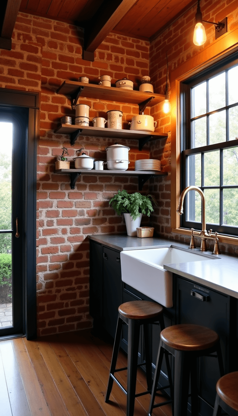 Vintage-style kitchen with brick chimney, open wooden shelves, commercial brass faucet, white sink, black steel-framed windows looking out to a garden, zinc-topped peninsula with stools, Edison bulb pendants and mixed lighting.
