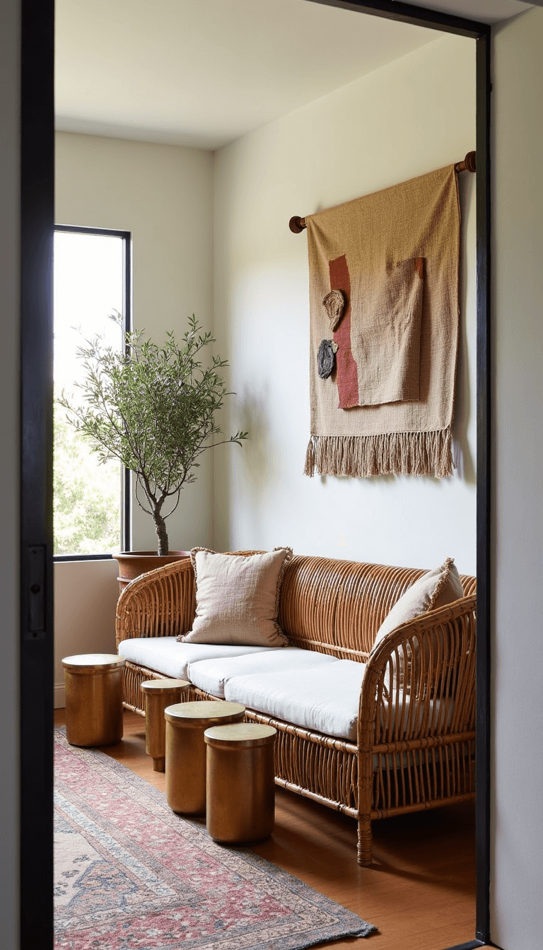 Midmorning view of an eclectic 14x16ft sunroom lounge, featuring a curved rattan sofa with mudcloth and batik cushions, brass side tables, a handwoven wall hanging with copper accents, and a potted olive tree in carved wooden planter.