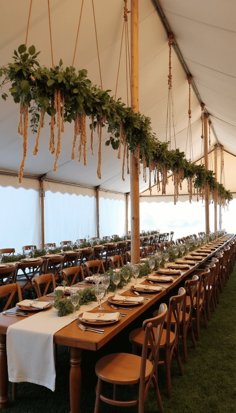 Boho Wedding Decor: Your Ultimate Guide to Creating a Dreamy, Eclectic Celebration Aerial view of a romantic reception tent interior lit by magic hour light, decorated with ivory fabric walls, long farm tables with mixed vintage chairs, suspended macramé plant hangers, and rattan pendant lights, with table settings of clay plates, brass cutlery, and earth-toned linens.