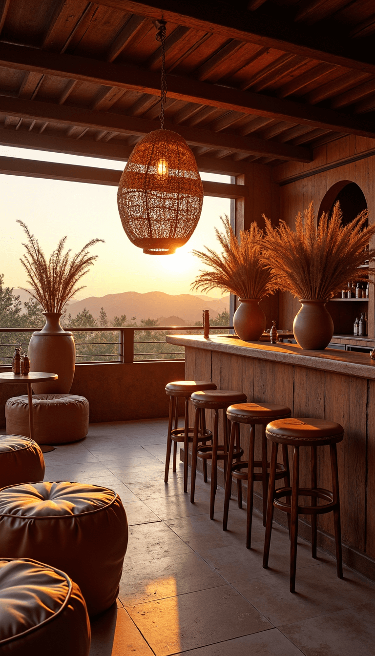 Boho Wedding Decor: Your Ultimate Guide to Creating a Dreamy, Eclectic Celebration Sunset cocktail area with weathered wooden bar, hanging rattan pendants, high bistro tables with raw silk drapes, pampas grass in clay vessels, Moroccan leather poufs, warm copper accents, backlit by golden hour glow from guest