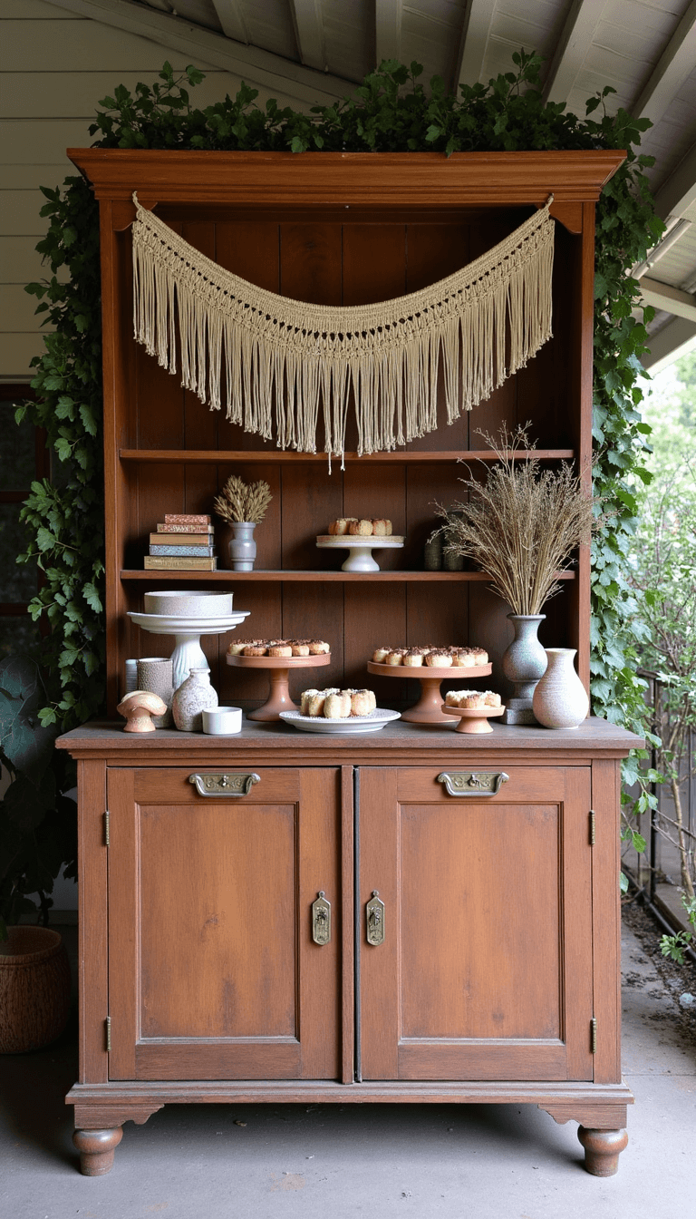 Boho Wedding Decor: Your Ultimate Guide to Creating a Dreamy, Eclectic Celebration Vintage dessert display in a covered courtyard with wooden cabinet backdrop, tiered clay platforms with artisanal treats, macramé bunting, vintage cake stands, ceramic serving pieces, and bud vases with dried flowers, illuminated by soft natural light.