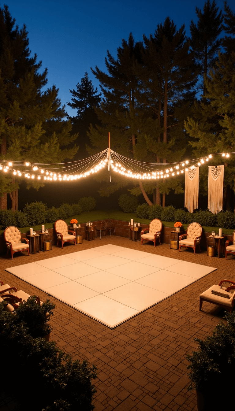 Boho Wedding Decor: Your Ultimate Guide to Creating a Dreamy, Eclectic Celebration Elevated view of a 30x40ft dance floor under a string light canopy at night, surrounded by lounge areas with vintage rugs and low seating, photo-ready rattan peacock chairs, warm brass lanterns and candles, with a DJ booth framed by macramé installations.