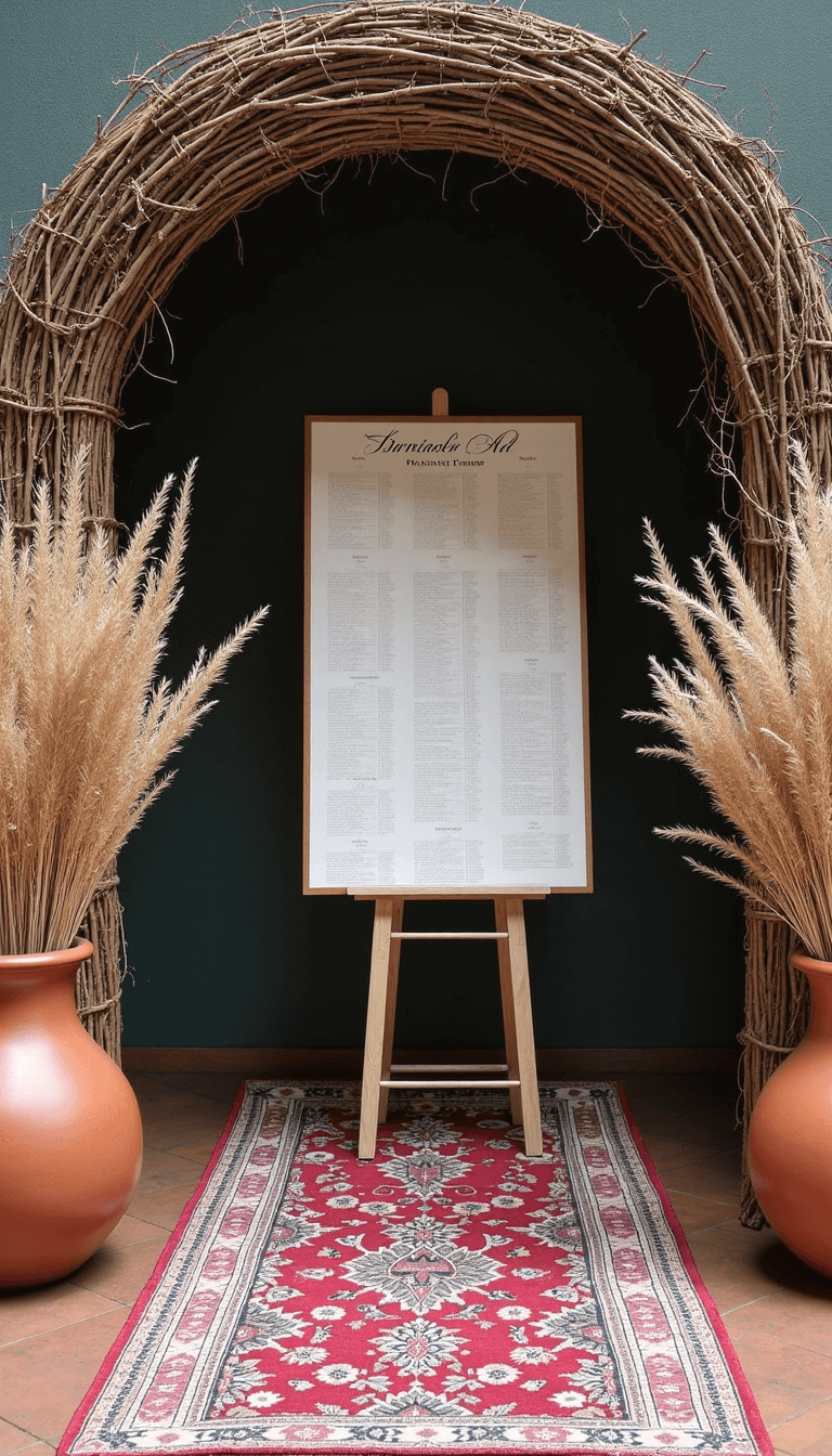 Boho Wedding Decor: Your Ultimate Guide to Creating a Dreamy, Eclectic Celebration Vintage-themed entrance arch made from natural branches and wild smilax with a Persian runner leading to a seating chart on aged leather, flanked by clay vessels with dried floral arrangements in natural light.