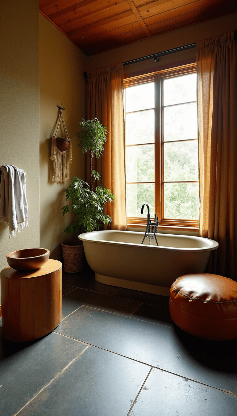 Wabi-Sabi Bathroom: Embracing Imperfect Natural Beauty in Your Personal Sanctuary Spacious master bath with slate floor tiles, corner soaking tub, wooden stool with soap dish, linen curtains, leather ottoman, and hanging plants, in warm ambient light viewed from a wide angle.