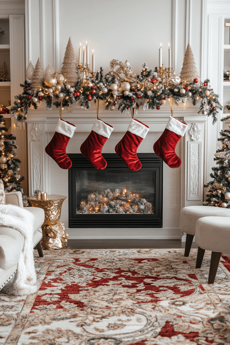 29 Christmas Mantel Decor Ideas That Turn Your Fireplace Into a Holiday Showpiece 8 Red Gold Mantel Brilliance