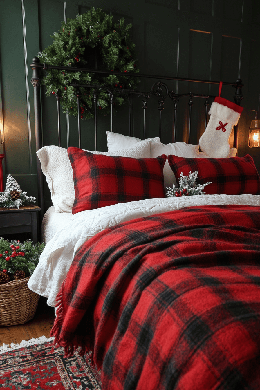 29 Christmas Bedroom Ideas for a Peaceful and Merry Holiday Haven 9 Cheerful Plaid Holiday Comfort