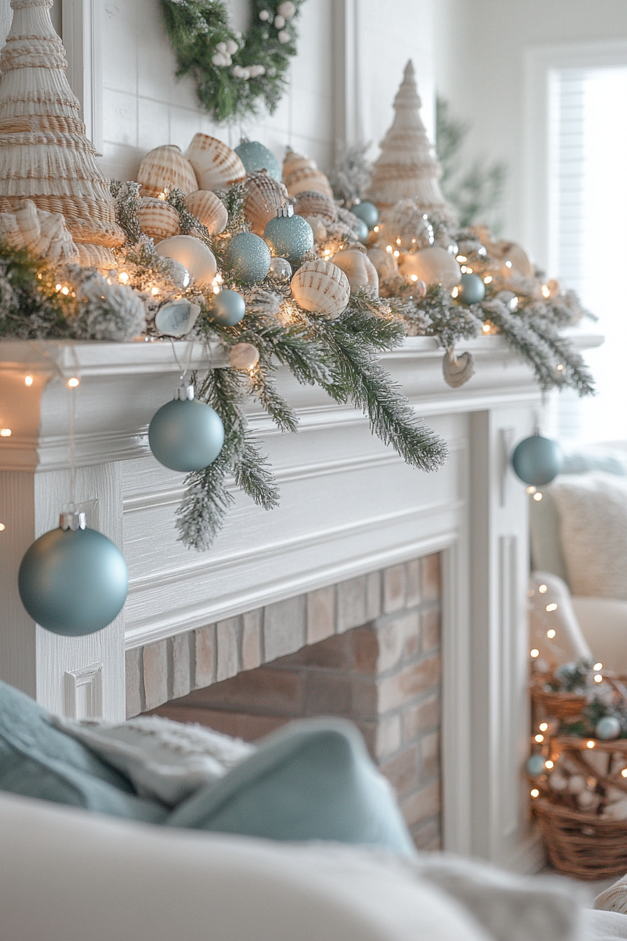 29 Christmas Mantel Decor Ideas That Turn Your Fireplace Into a Holiday Showpiece coastal noel serenity 1