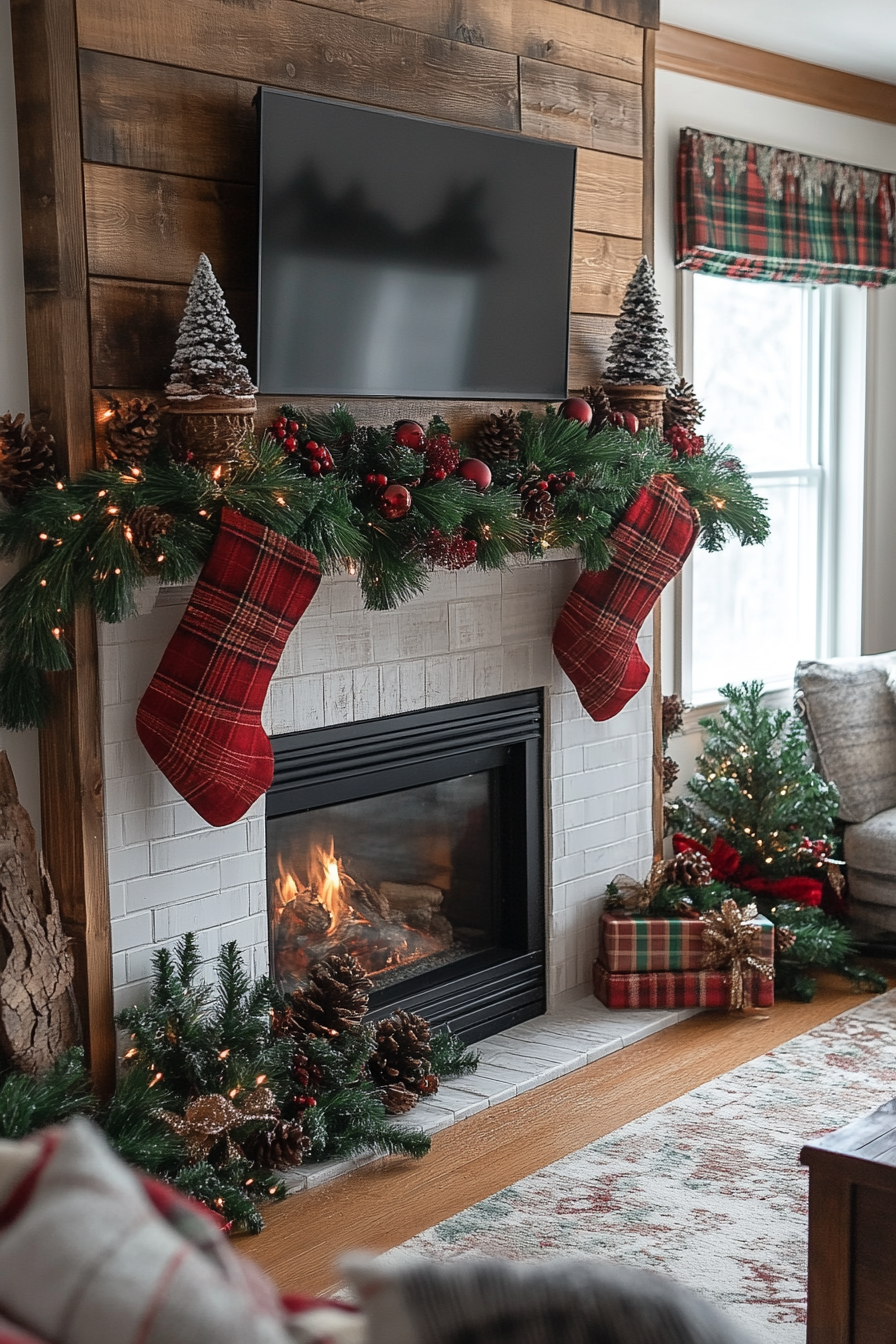29 Christmas Mantel Decor Ideas That Turn Your Fireplace Into a Holiday Showpiece plaid & pine warmth 1