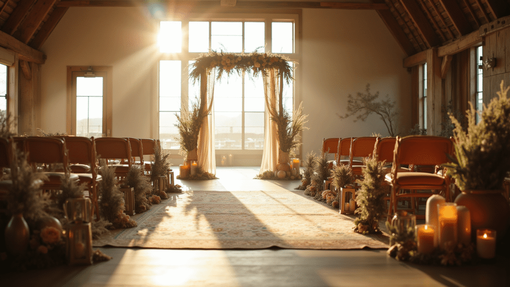 Boho Wedding Decor: Your Ultimate Guide to Creating a Dreamy, Eclectic Celebration "Sunlit rustic barn wedding ceremony with macramé arch, vintage Persian rugs, and organic seating during golden hour"