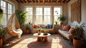 "Bohemian sunroom with natural textures and warm lighting, featuring vintage rugs, rattan furniture, and house plants."